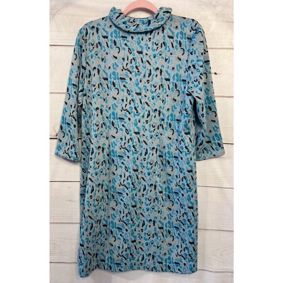 Tyler Boe Blue Animal Print Ruffle Collar Size LG Preppy Chic Dress - Picture 2 of 6